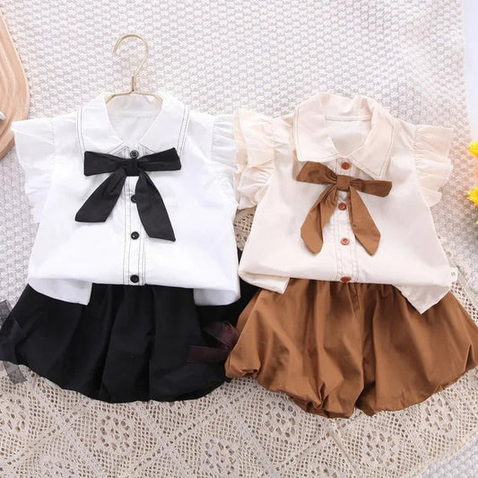 Adorable toddler girl 2-piece outfit with a bow top, flying sleeves, and matching shorts. Perfect for ages 0-4.