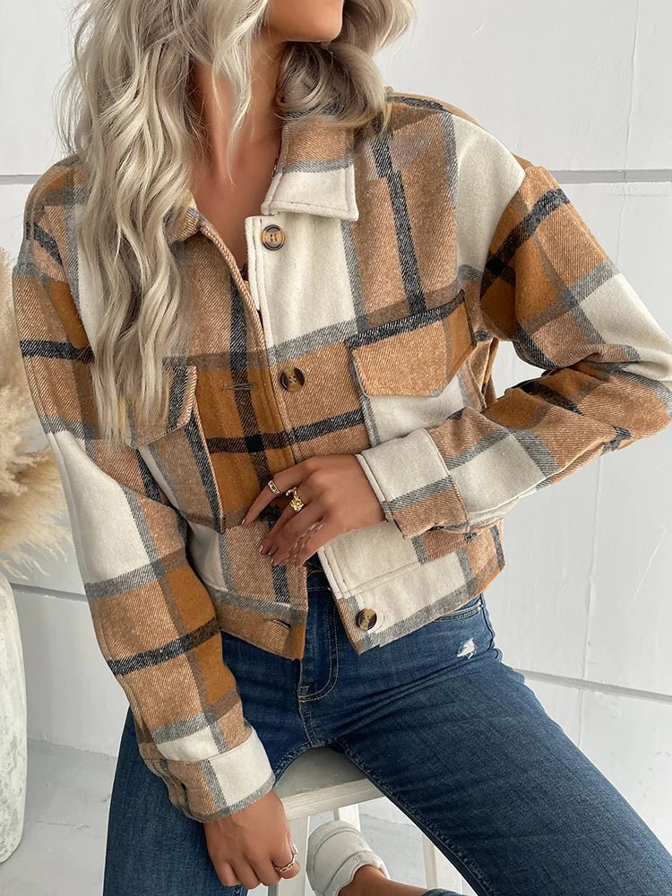 Women's Slim Wool Plaid Coat - Close-up of the plaid pattern on a wool coat