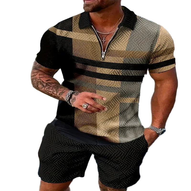 A man wearing a geometric patterned casual beach shorts set with a polo shirt and short-sleeves, standing near a pool.