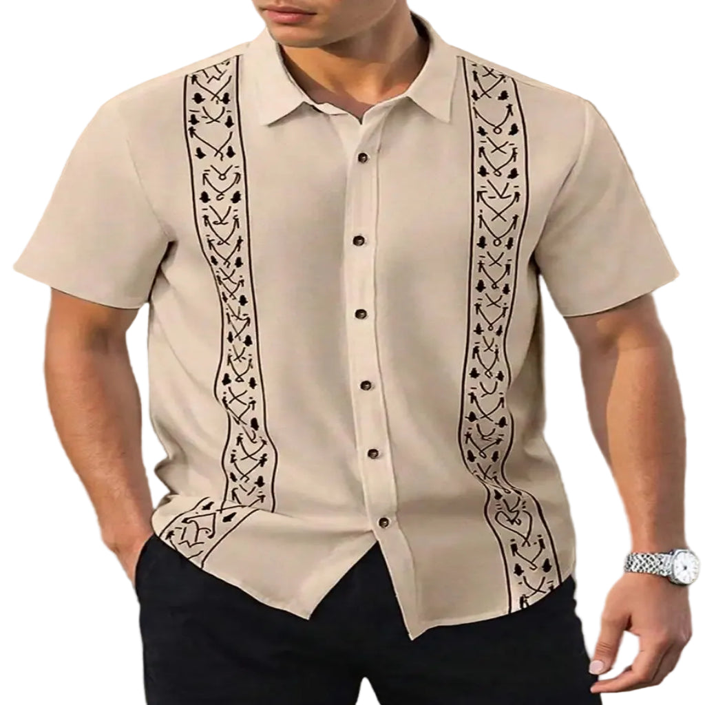 Beige guayabera shirt with black embroidery on a neutral background