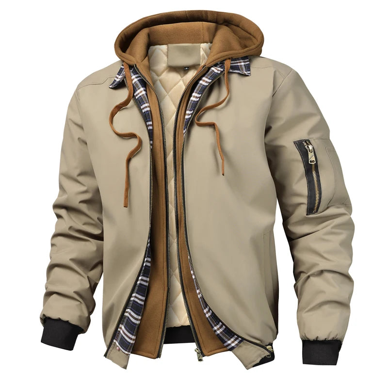 Men's khaki winter parka with brown hood, plaid trim and black ribbed cuffs.