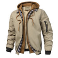 Men's khaki winter parka with brown hood, plaid trim and black ribbed cuffs.
