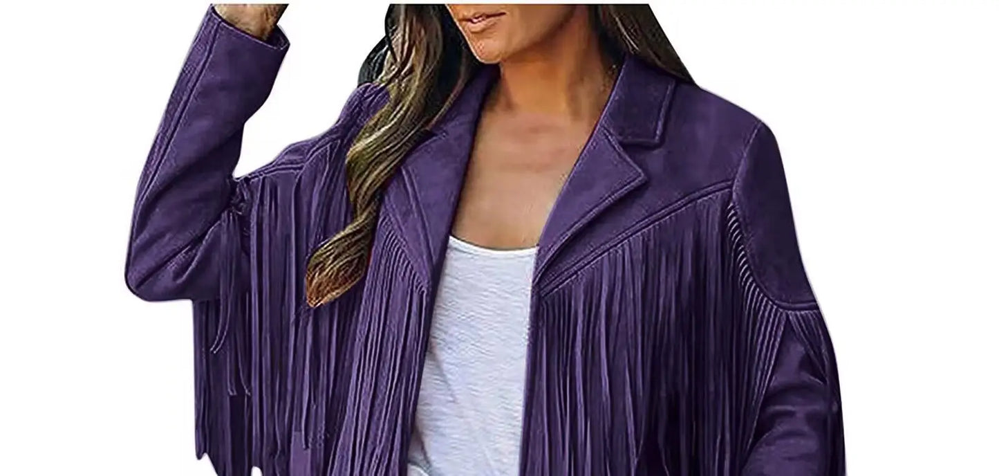 Purple fringe jacket worn by a person on a white background