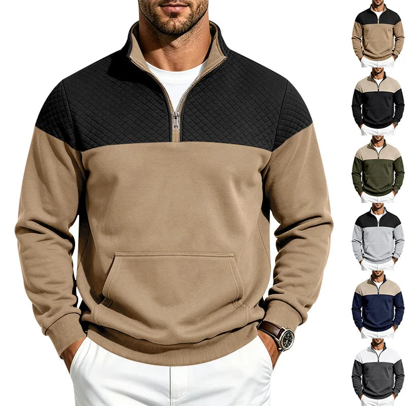 Men’s colorblock quilted-texture half-zip sweatshirt with stand collar and kangaroo pocket
