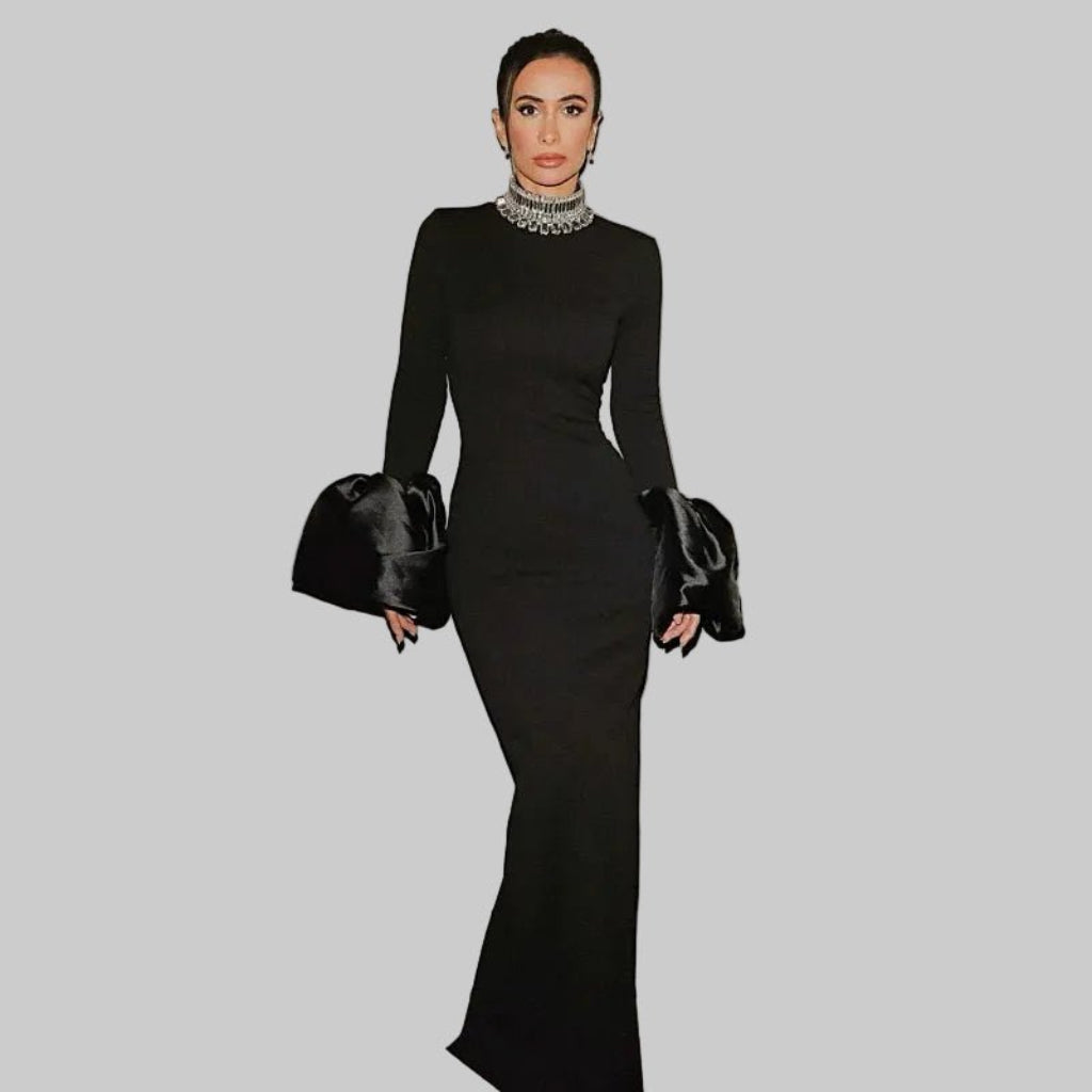 Women's black evening party dress elegant long formal gown front view
