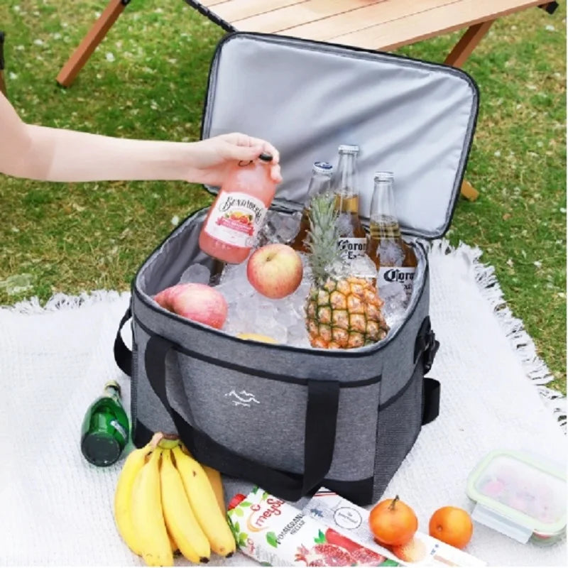 Gray cooler bag with drinks and fruits on a picnic blanket outdoors