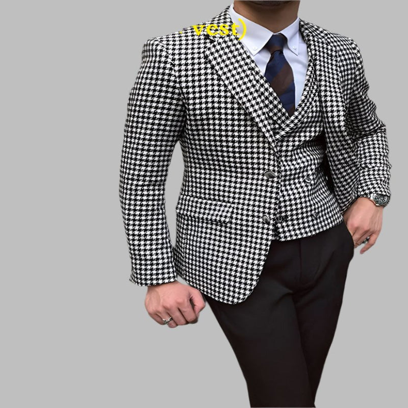 Black and white checkered suit jacket worn by a person on a gray background