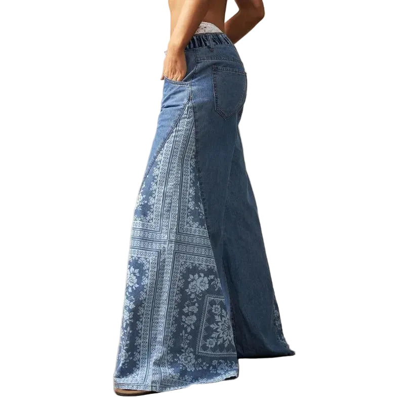 Women's floral print wide leg flare jeans in plus sizes – loose fit vintage denim with pockets – Casual Flow Shop
