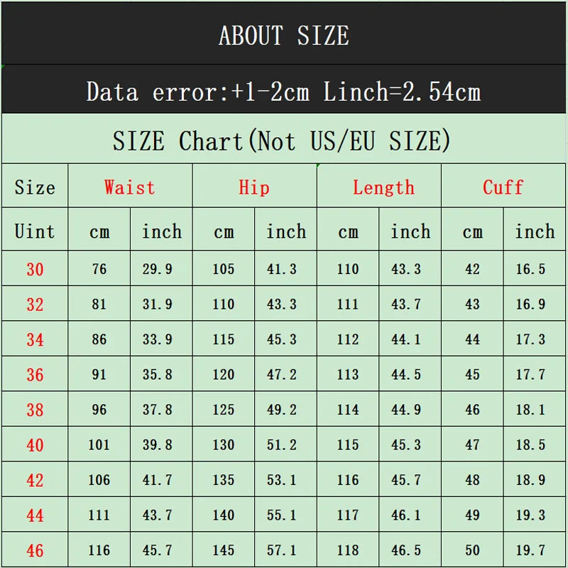 Size chart for clothing with measurements in centimeters and inches.