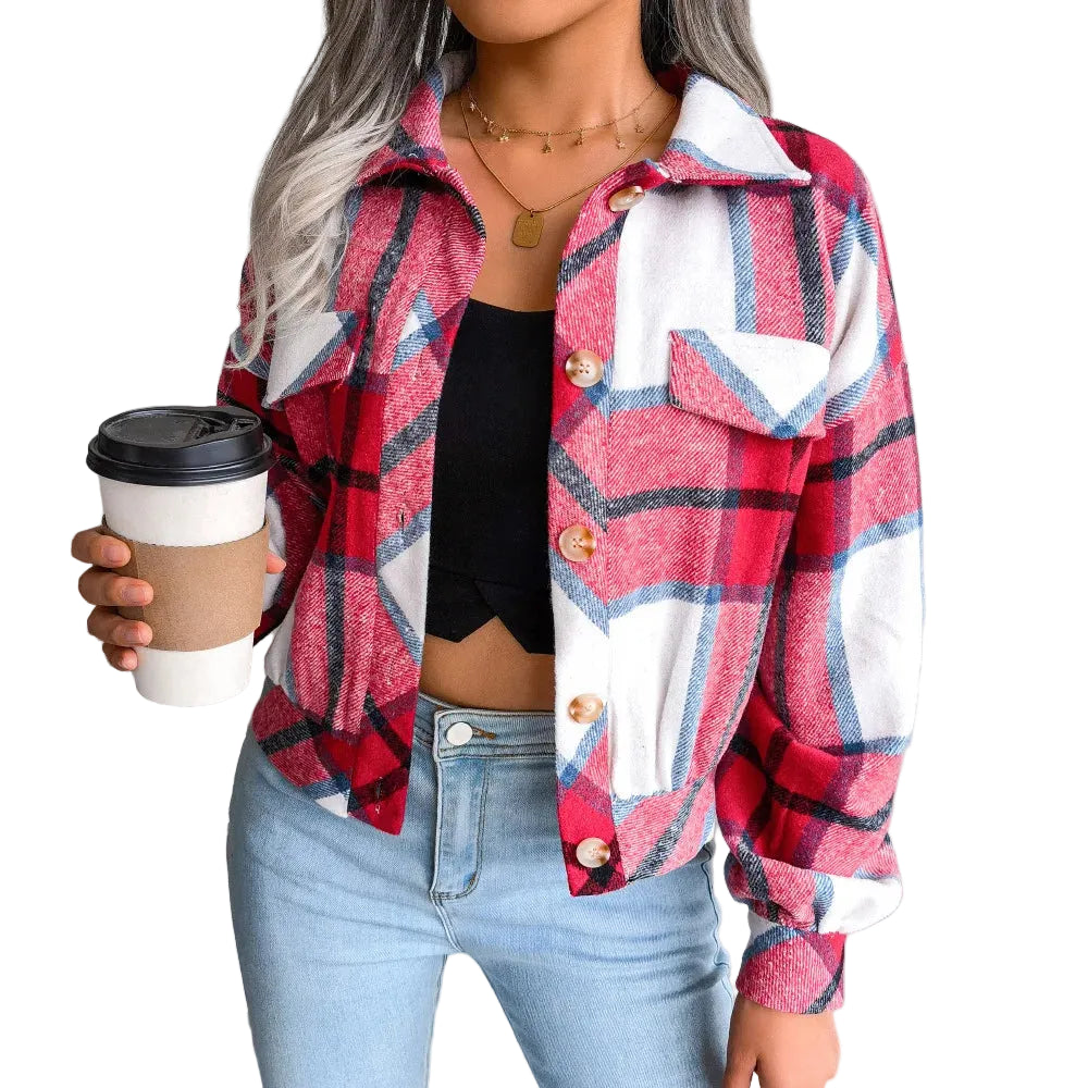 Women's slim wool plaid coat in red tones, casual winter jacket styled with jeans for everyday wear