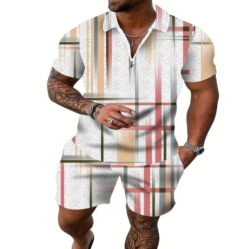 A man wearing a geometric patterned casual beach shorts set with a polo shirt and short-sleeves, standing near a pool.