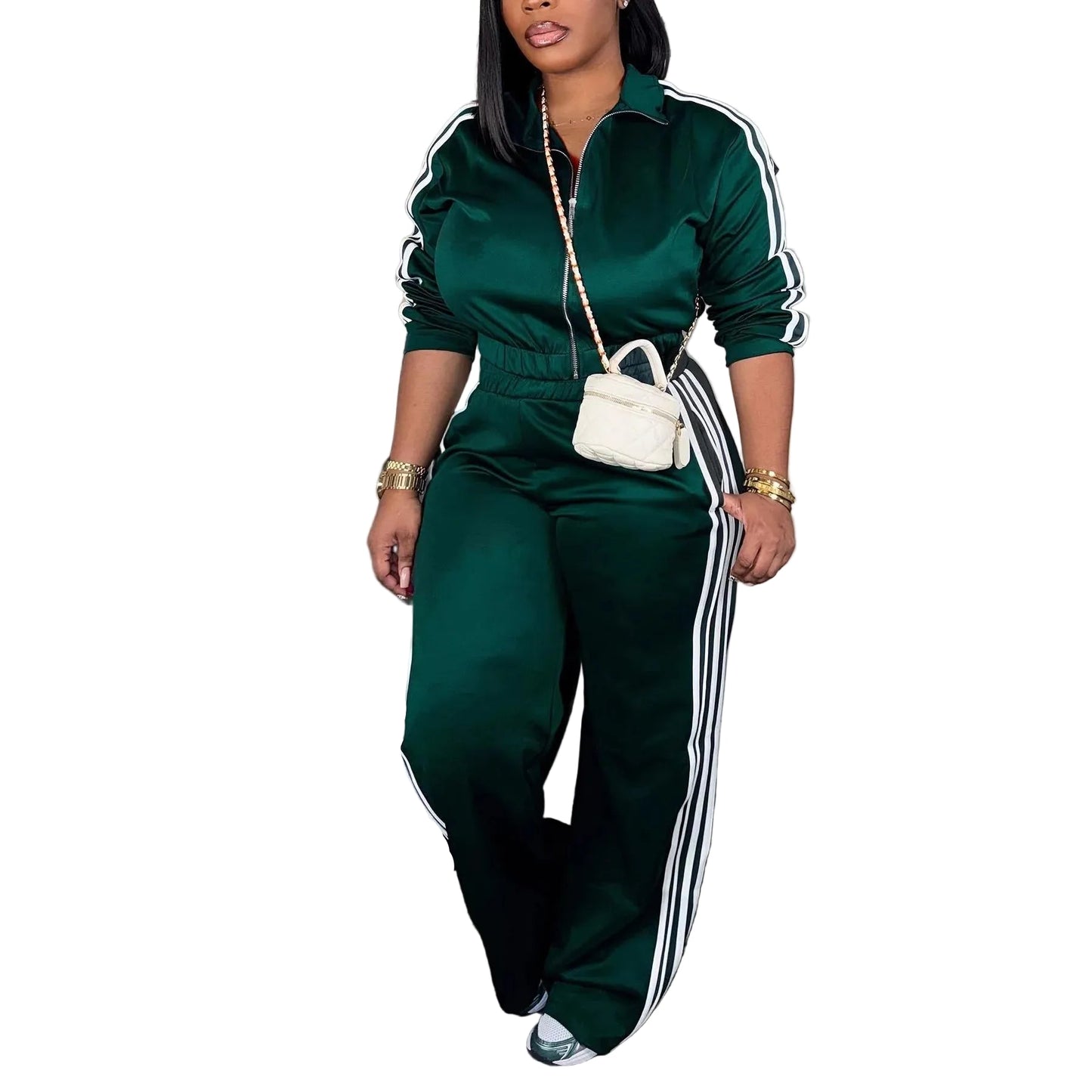 women zip-up tracksuit set navy blue casual party outfit