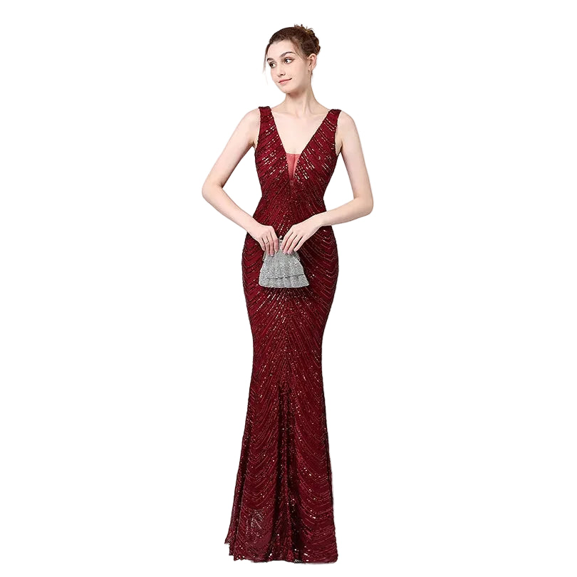 Women's green with beads sequin mermaid evening dress with V-neckline – formal gala and special occasion gown