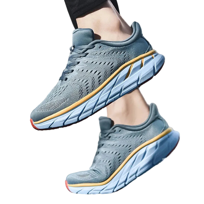 Men's Slip-Resistant Work Sneakers, Gray with yellow accents color - At Casualflowshop 