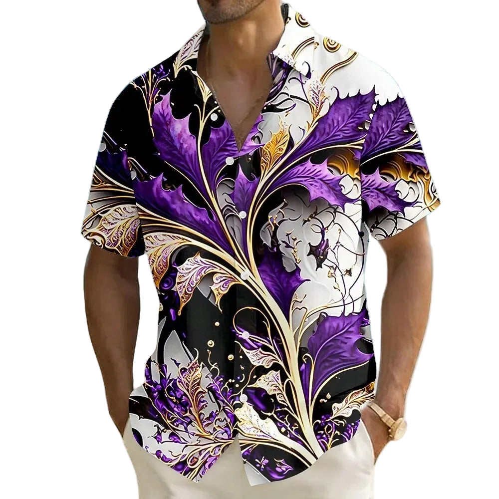 Person wearing a colorful floral shirt with a beach background