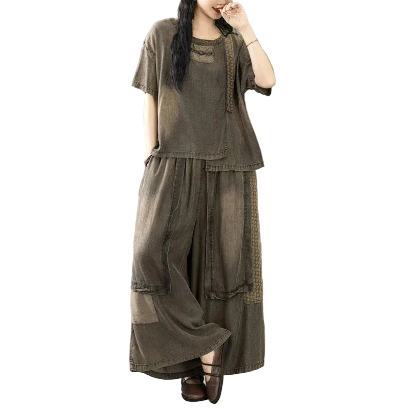 Vintage Two-Piece Set in Black – Relaxed O-Neck Top & Wide Leg Jeans for Women