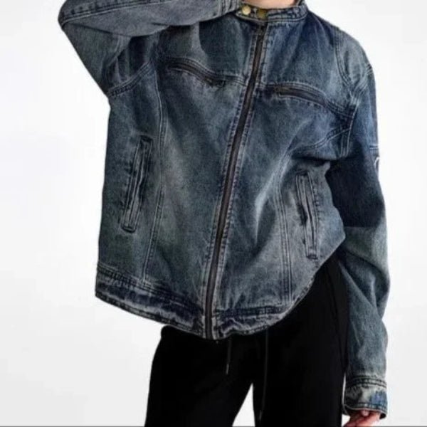 Black Denim Oversized Jacket – Retro Washed Streetwear Zip - Up Coat - CasualFlowshop