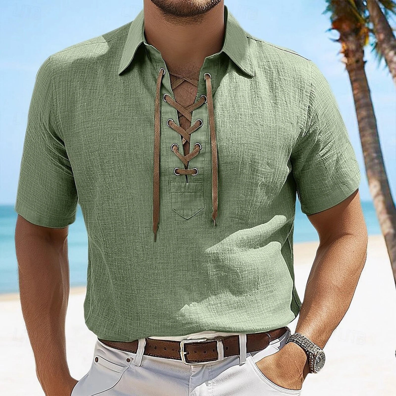 Men's Lace-Up V-Neck Tee - Green - Summer Casual Top