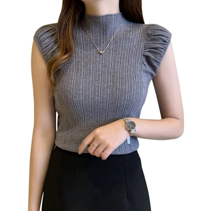 woman wearing ribbed high neck sleeveless tank top brown slim fit