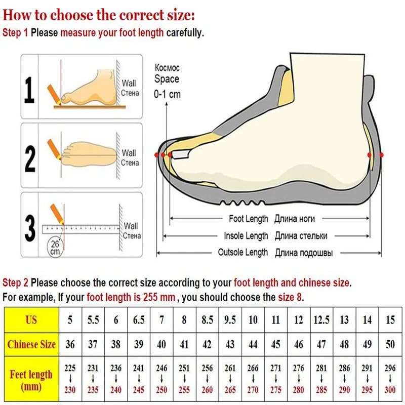 Instructions on how to measure foot length and choose the correct shoe size.