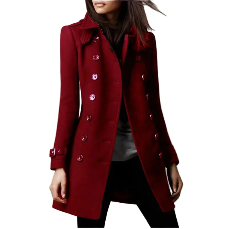 Red coat worn by a person on a beige background