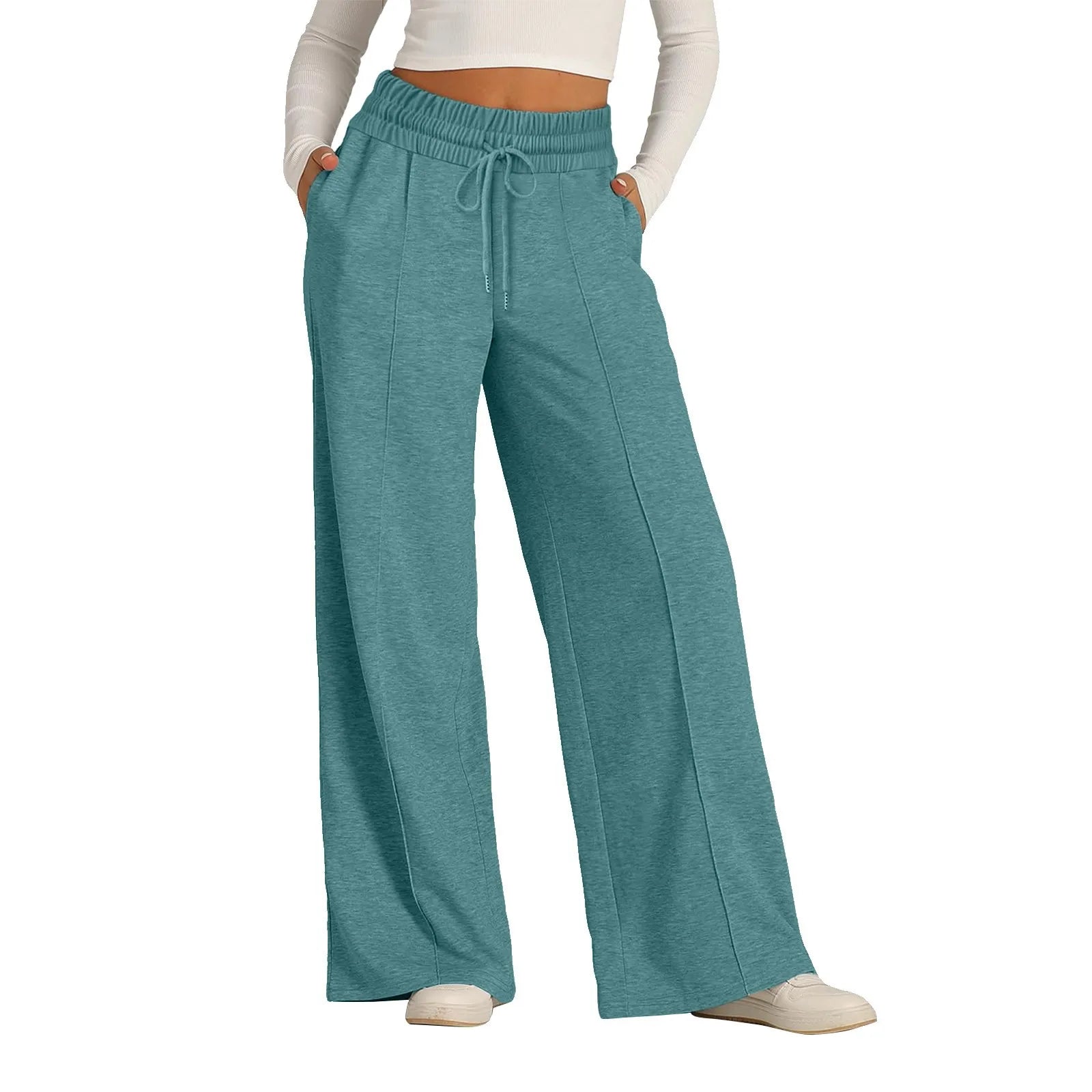 Casual Flow Wide Leg Pants in Dark Green – Women's High Waist Lounge Pants