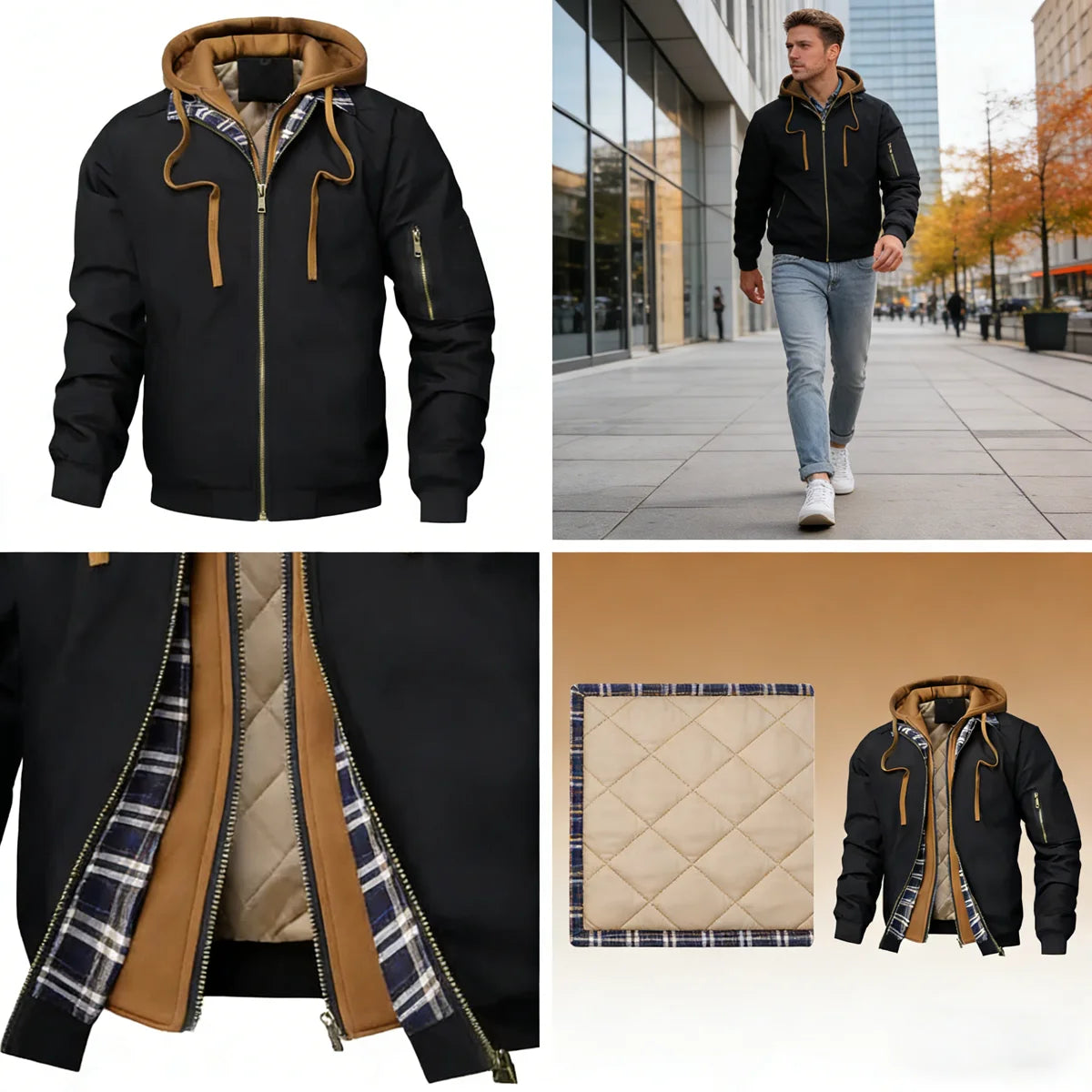 Black winter parka shown on a model, with close-ups of the layered front and quilted lining.