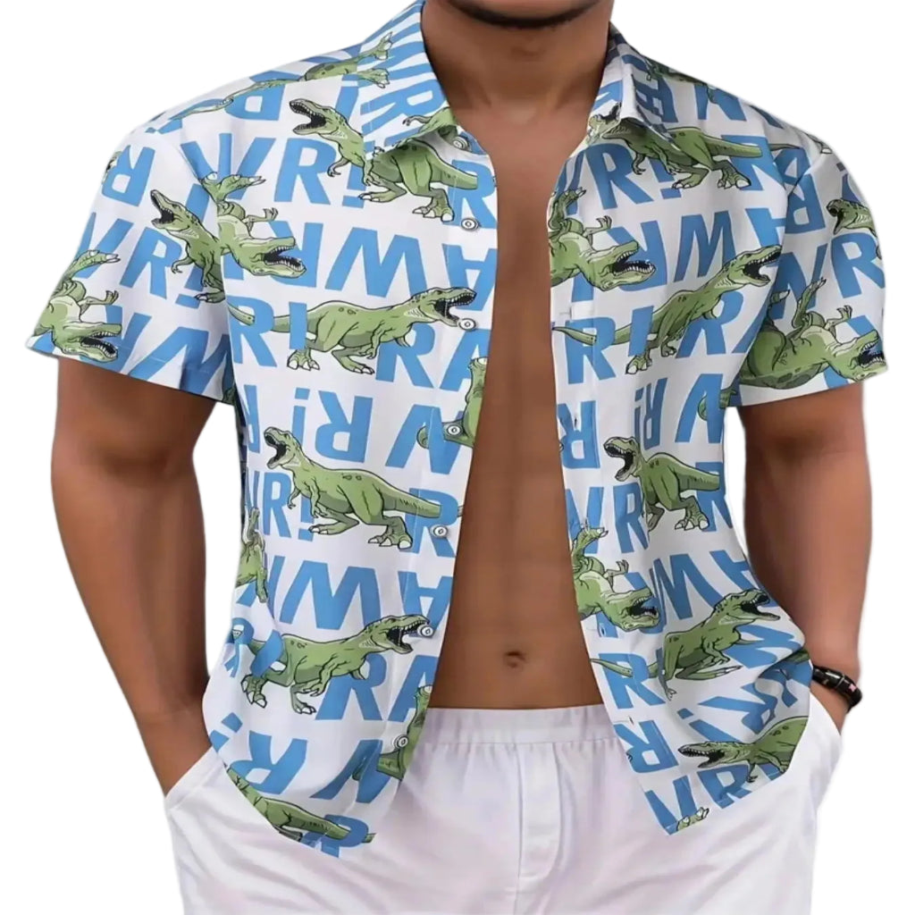 Men’s flamingo print short sleeve button-up shirt, lightweight casual summer shirt