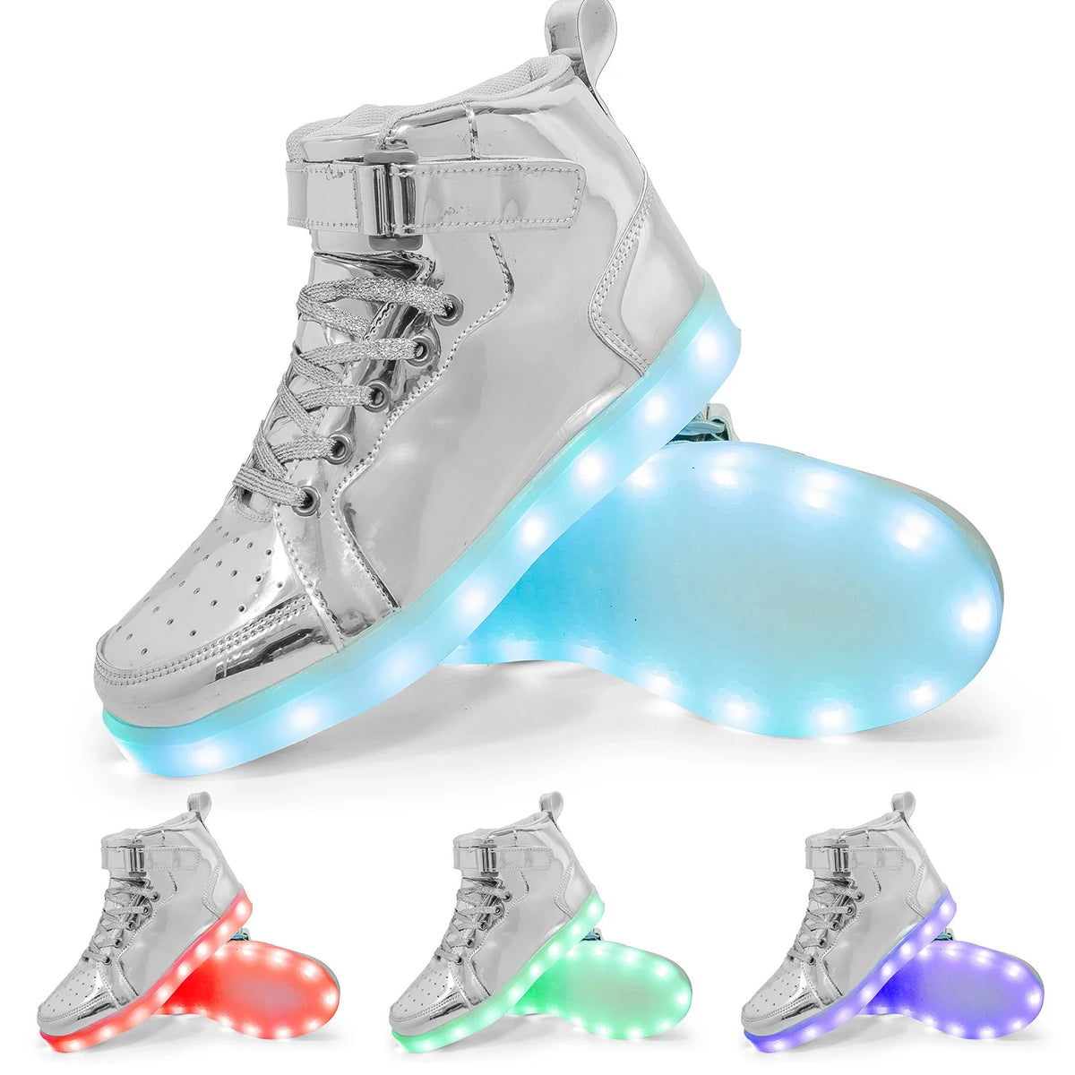 Kids’ LED high-top sneakers with light-up soles, laces, and an adjustable ankle strap.