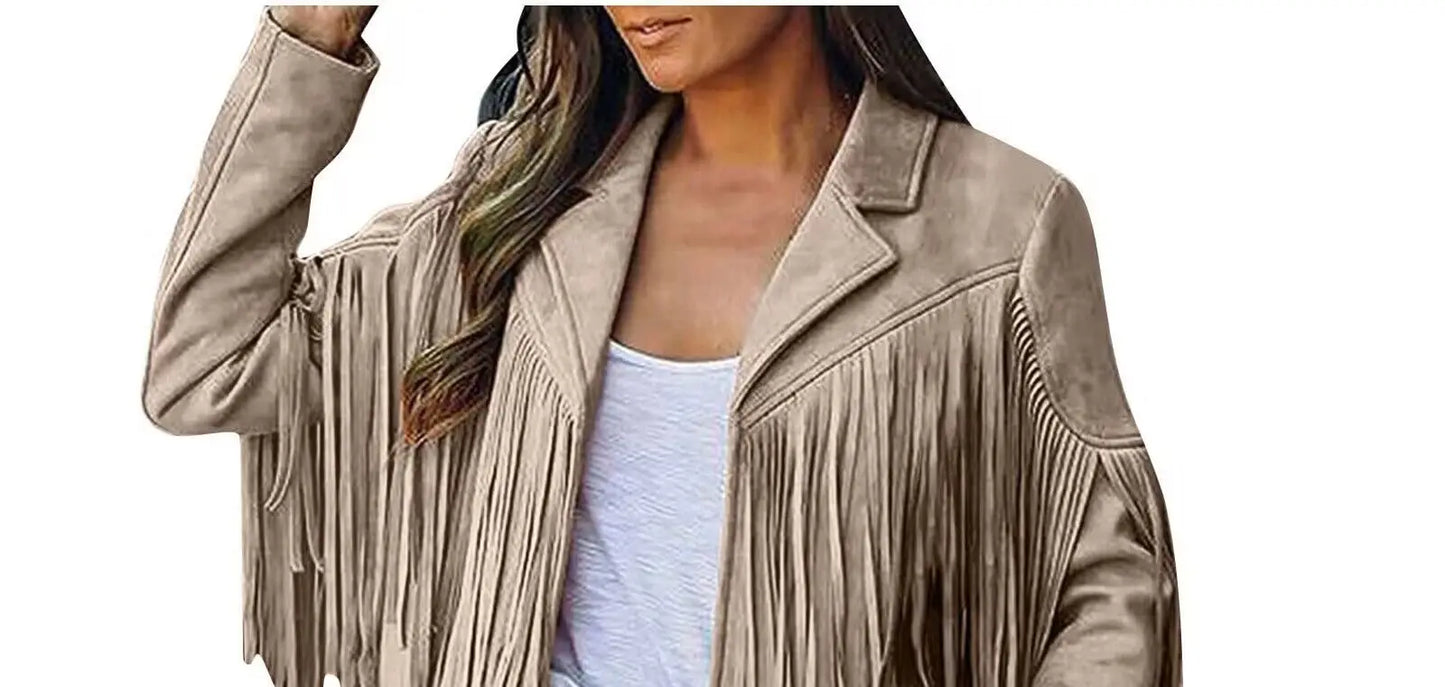 Beige fringe jacket worn by a person on a white background