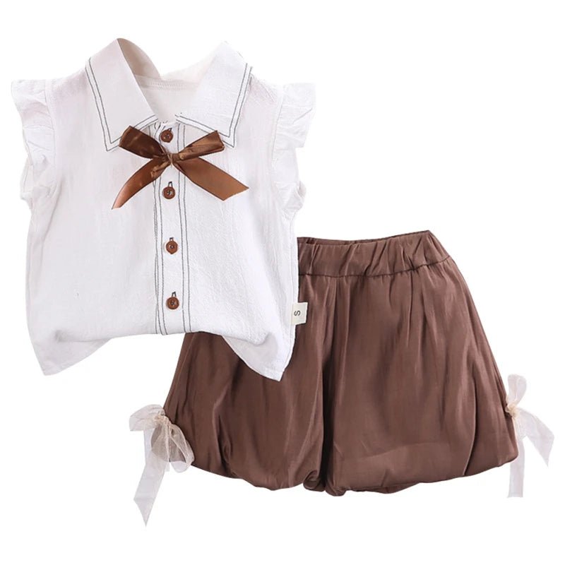 Adorable toddler girl 2-piece outfit with a bow top, flying sleeves, and matching shorts. Perfect for ages 0-4.