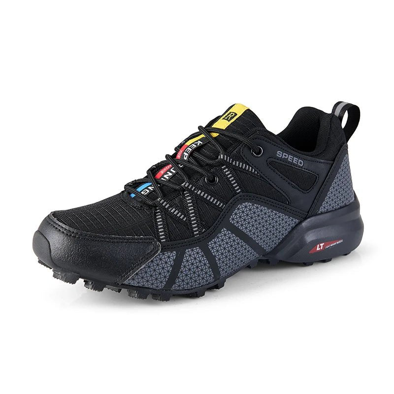 Outdoor trail sneakers for walking and light hiking, black and gray design with blue accents and anti-slip sole