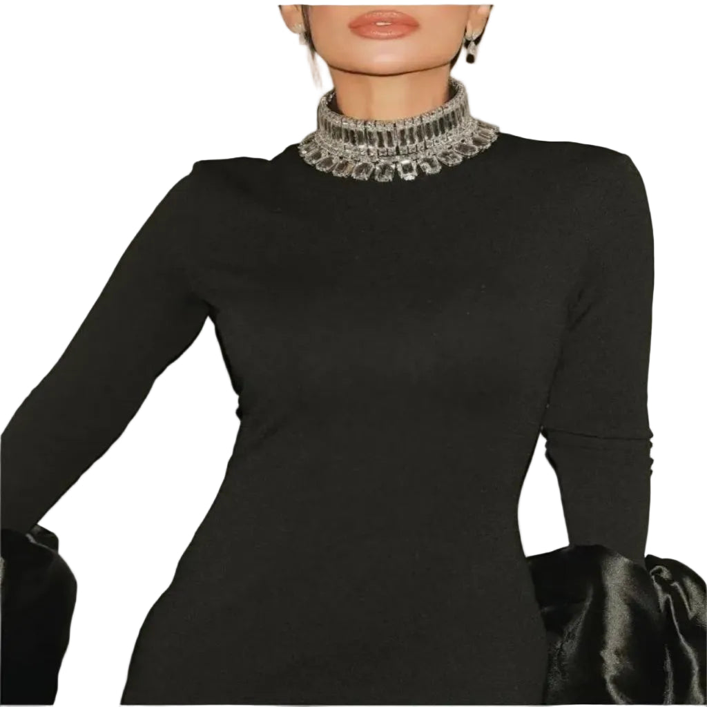 Black evening party dress neckline detail elegant formal design