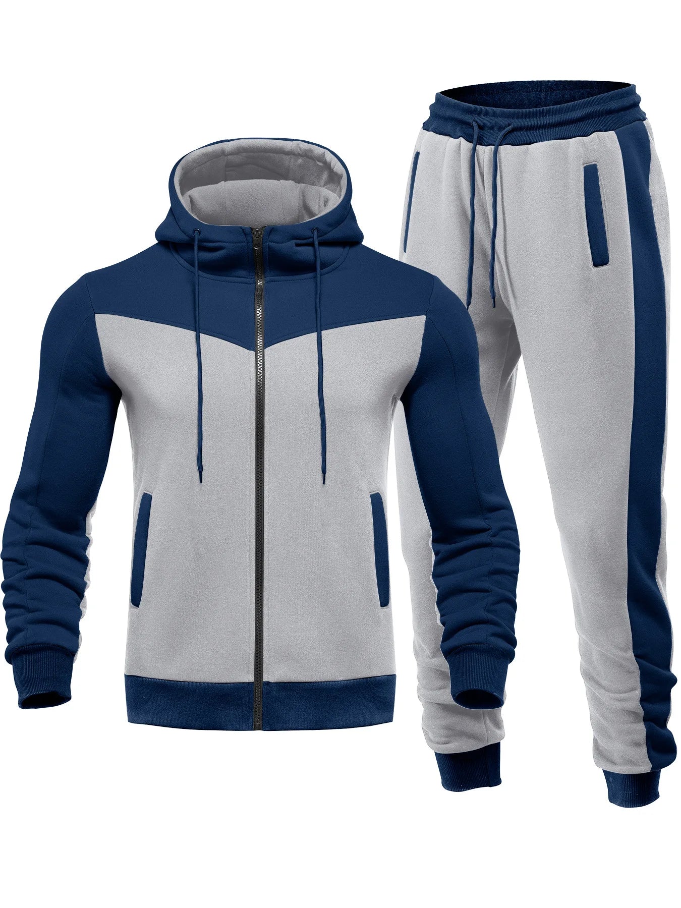 Navy and gray tracksuit with a hoodie and jogger pants on a white background