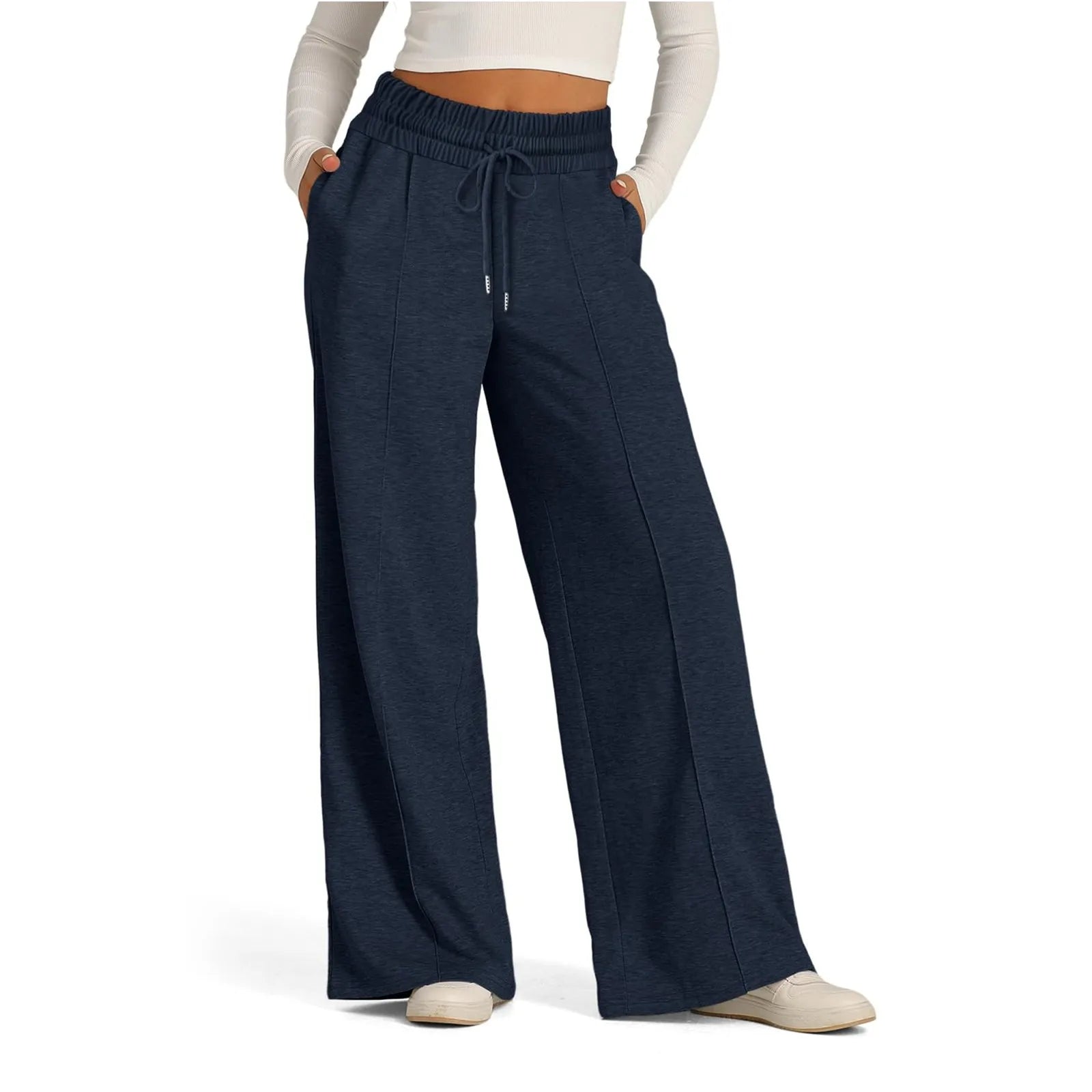 Casual Flow Wide Leg Pants in Dark Blue – Women's High Waist Lounge Pants