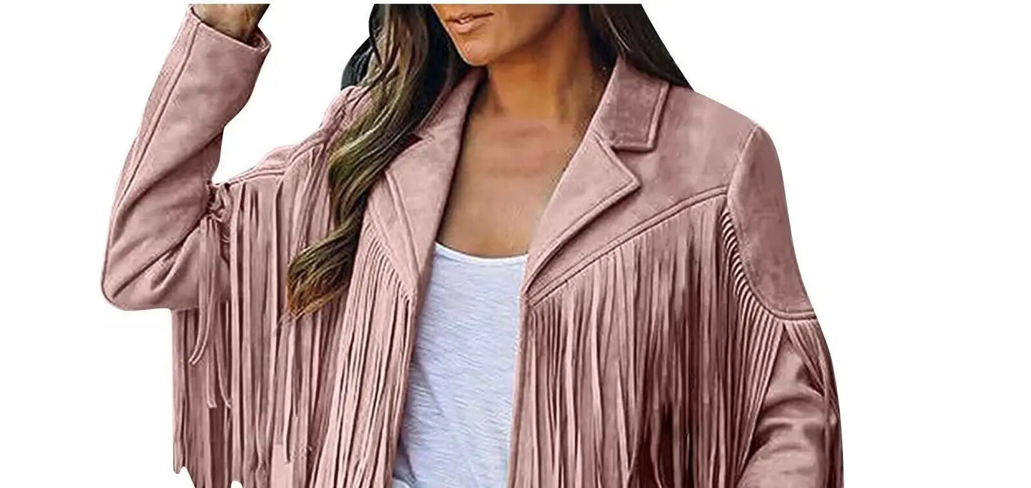 Pink fringe jacket worn by a person on a white background