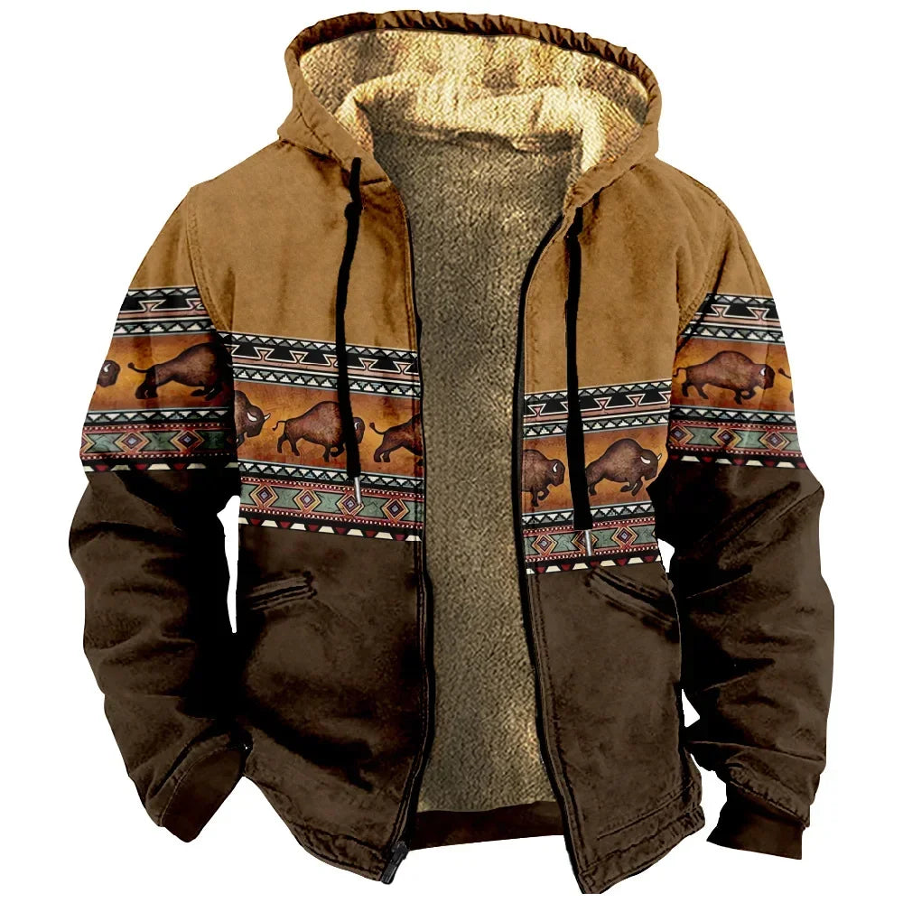 Brown hoodie with patterned sleeves and hood on a white background