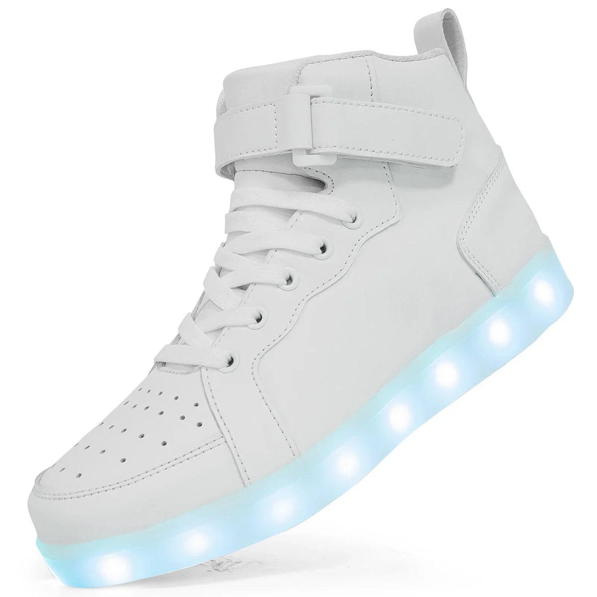 Kids’ LED high-top sneakers with light-up soles, laces, and an adjustable ankle strap.