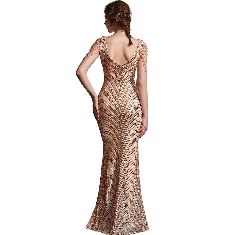 Women's silver beaded sequin mermaid evening dress with V-neckline and fringe bead sleeves – formal wedding guest