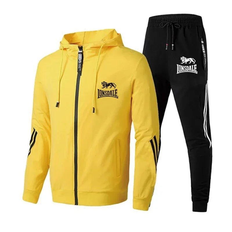Yellow hoodie and black tracksuit with Lonsdale logo on a white background