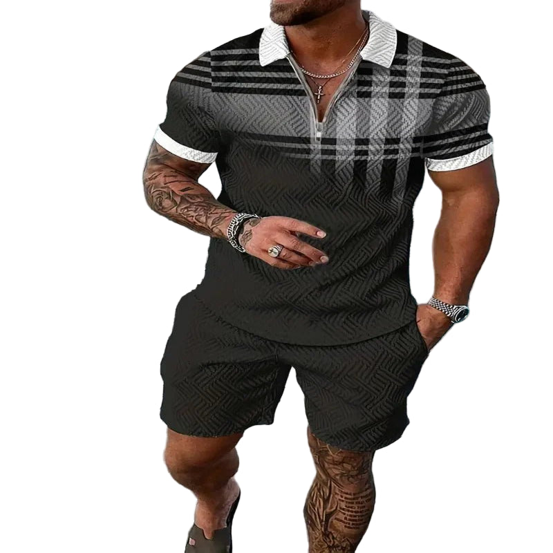 A man wearing a geometric patterned casual beach shorts set with a polo shirt and short-sleeves, standing near a pool.