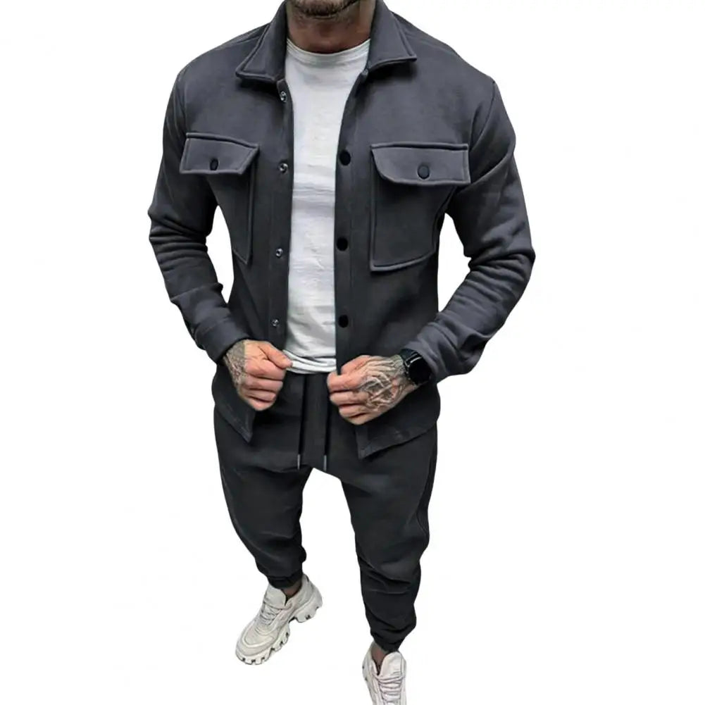 Men's 2-Piece Casual Sports Suit – Grey Lapel Jacket & Drawstring Pants Set