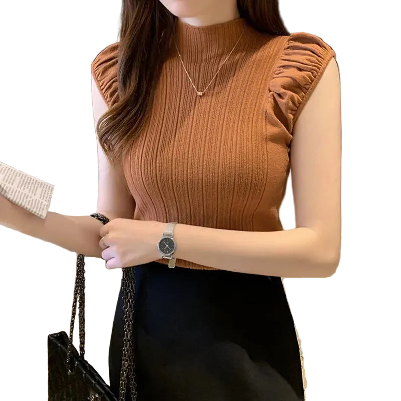 slim fit ribbed tank top women high neck sleeveless brown top