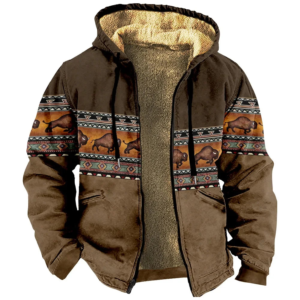 Men's Random Print Hooded Polyester Coat – Color 3 – CasualFlowshop