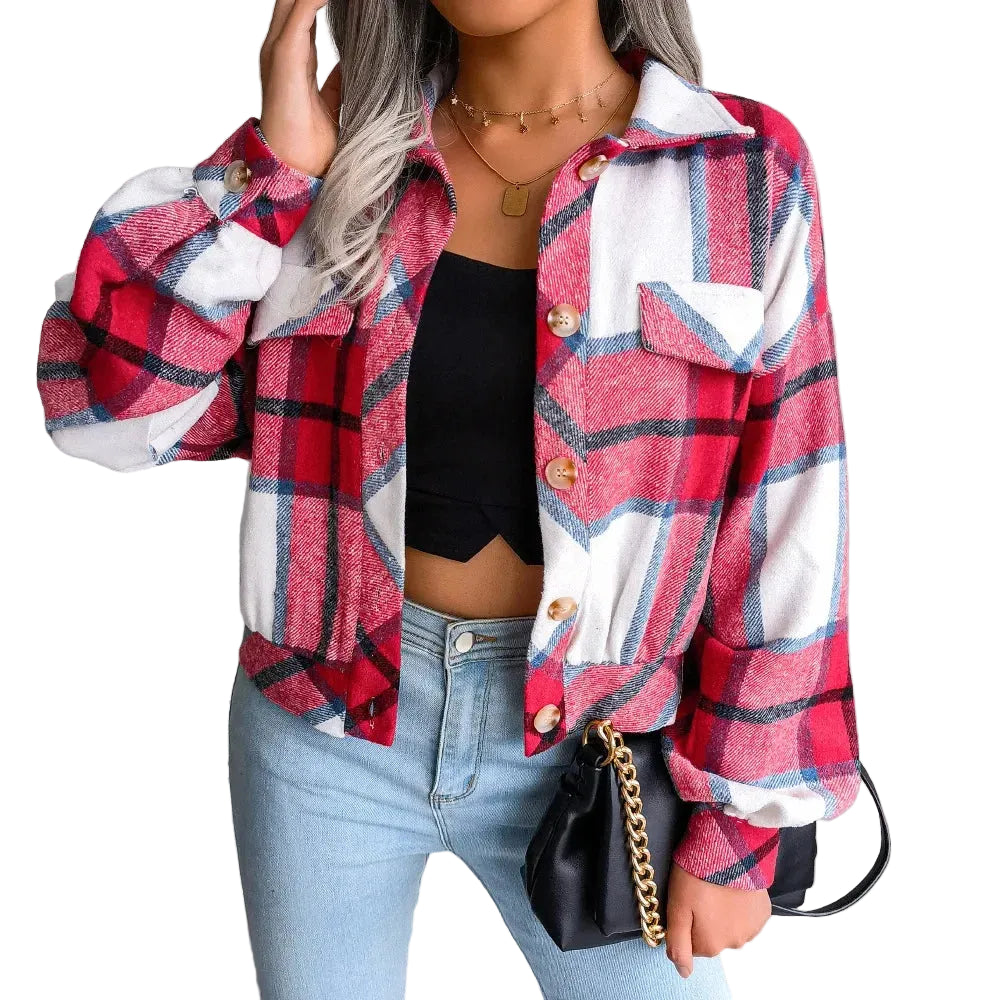 Women's Slim Wool Plaid Coat with a black top and blue jeans, holding a black handbag.