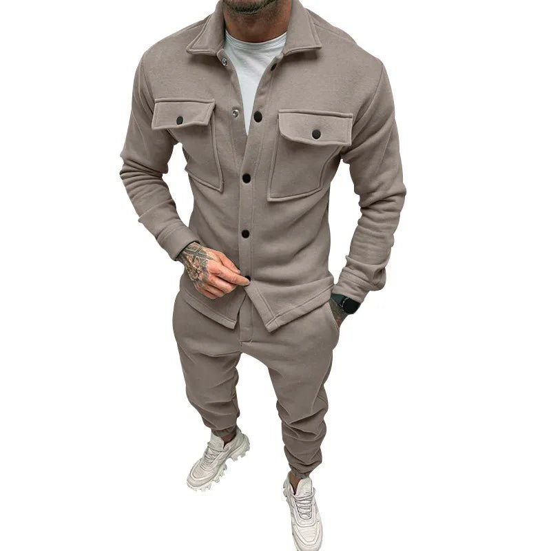 Beige streetwear tracksuit set for men with slim fit jacket and joggers