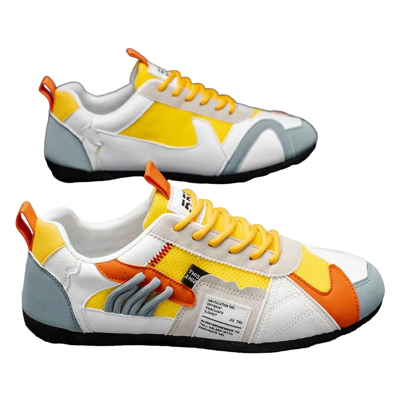 Men's Waterproof Casual Sneakers Lightweight Running Shoes Large Sizes, Multicolored:  white, yellow, and orange design on a gray surface.