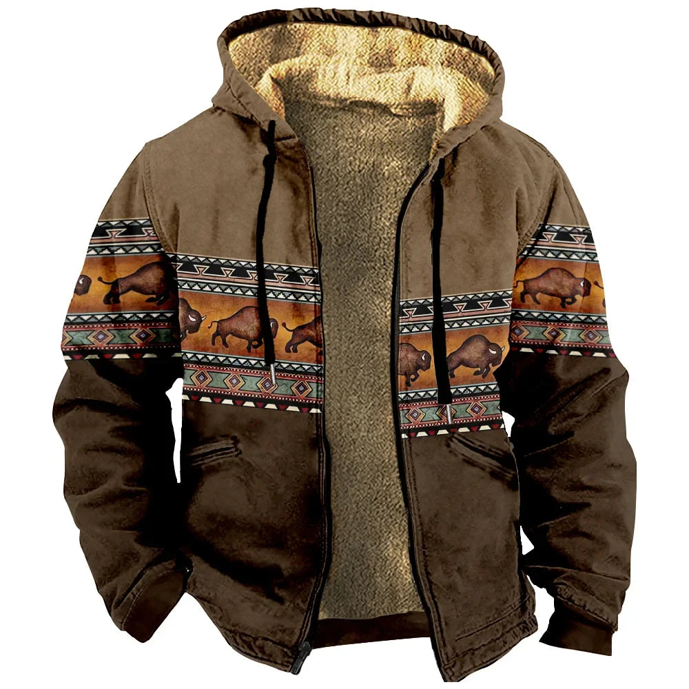 Men's Random Print Hooded Polyester Coat – Color 4 – CasualFlowshop