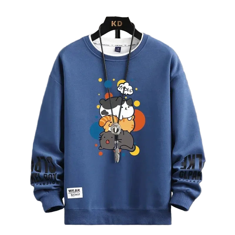 Kawaii Cat Sweater Men – Japanese Cartoon Print Pullover - CasualFlowshop