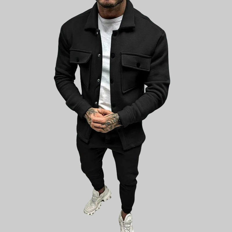 Black streetwear tracksuit set for men with slim fit jacket and joggers